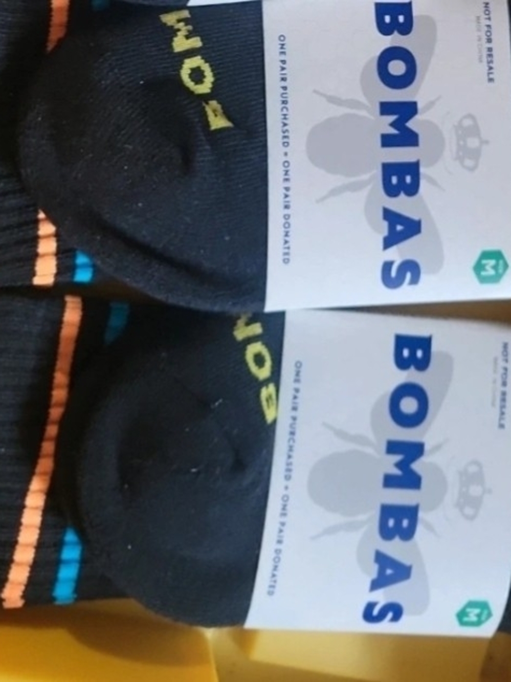 Bombas Black Crew Socks with Blue and Orange Stripes M